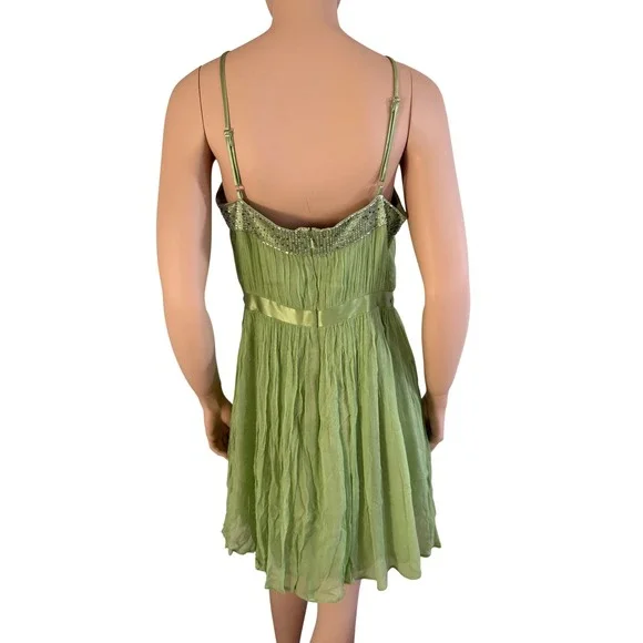 Vintage Green 100% Silk Beaded Halter Pleated Mini Dress Sz 14 Fairy Spring - Picture 10 of 10
